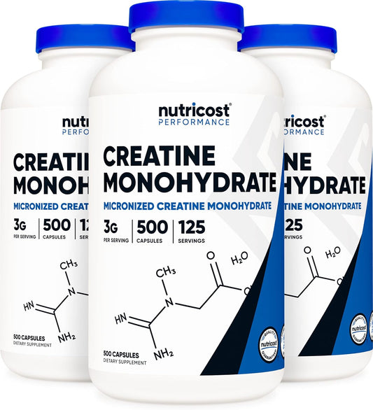 Nutricost Creatine Monohydrate 3000mg (750mg Per Cap), 500 Capsules - Pack of 3 Bottles