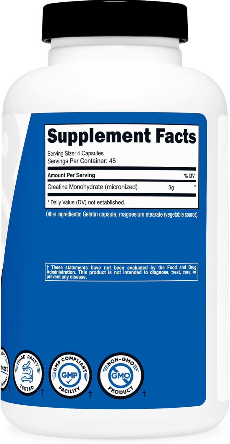 Nutricost Creatine Monohydrate Capsules - 180 Count, 3,000mg, Gluten Free, Non-GMO