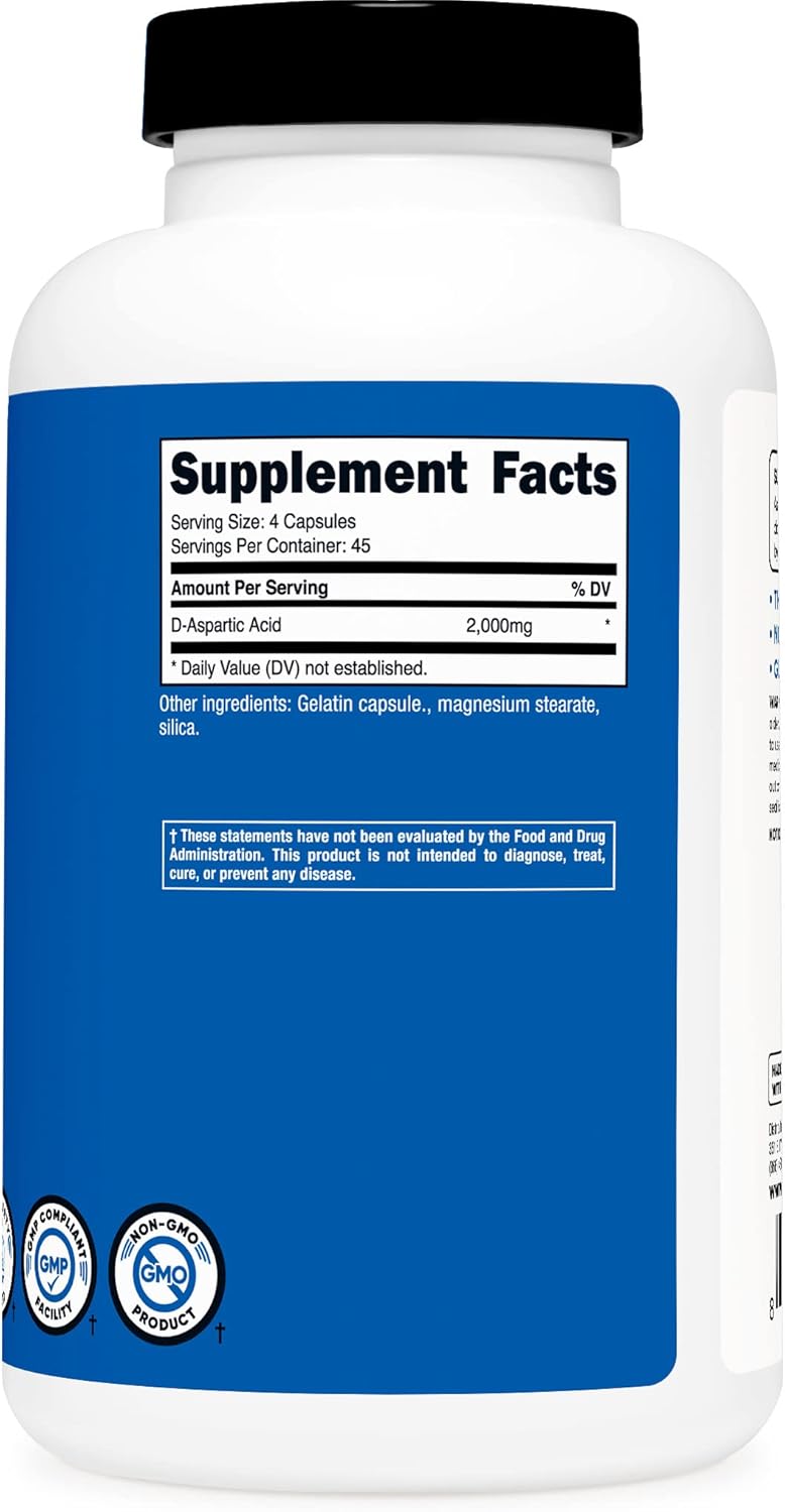 Nutricost D-Aspartic Acid (DAA) Capsules - 2000mg Per Serving - 180 Capsules - Non-GMO Supplement