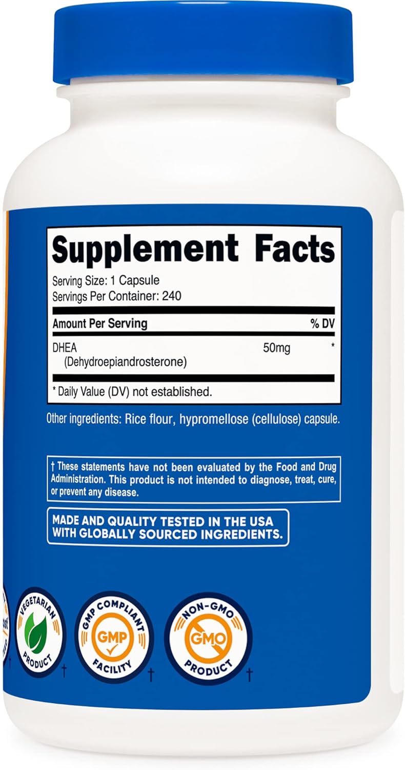 Nutricost DHEA 50mg Capsules - 240 Count, Gluten Free, Soy Free, Non-GMO Supplement