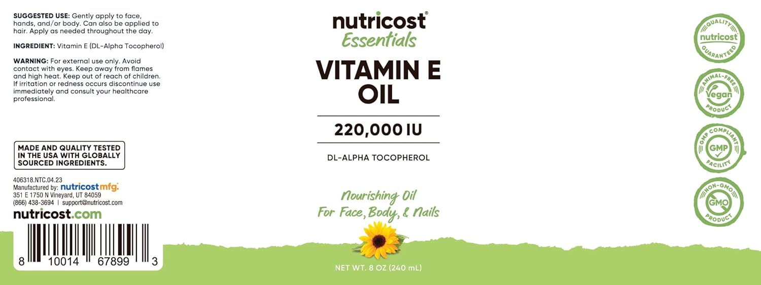 Nutricost Essentials Vitamin E Oil - 8 oz (230,000 IU) for Skin, Hair, Nails - Pure Vitamin E Oil