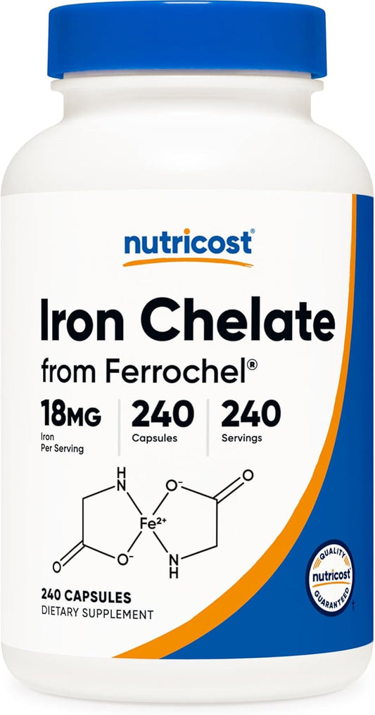 Nutricost Ferrochel Iron Chelate Supplement, 18mg, 240 Capsules - Gluten Free, Non GMO Formula