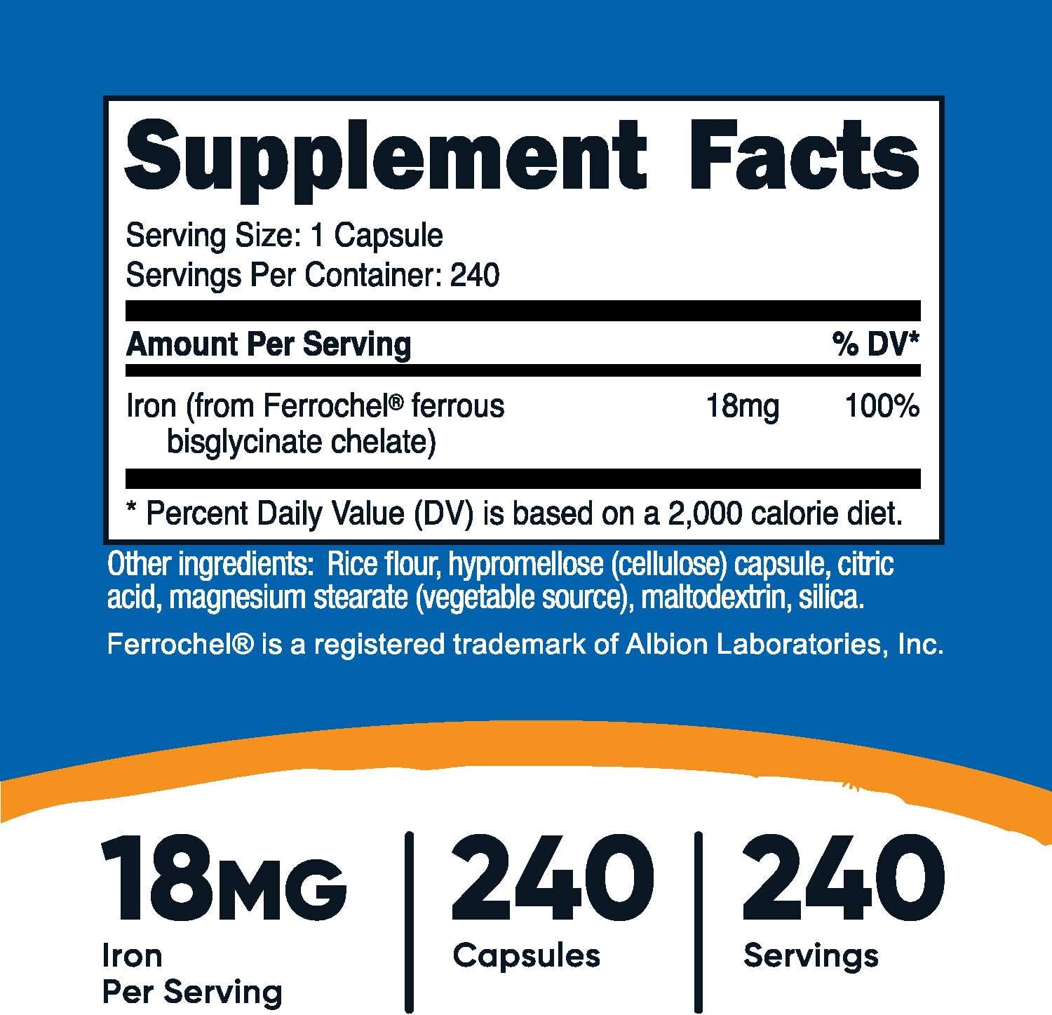 Nutricost Ferrochel Iron Chelate Supplement, 18mg, 240 Capsules - Gluten Free, Non GMO Formula