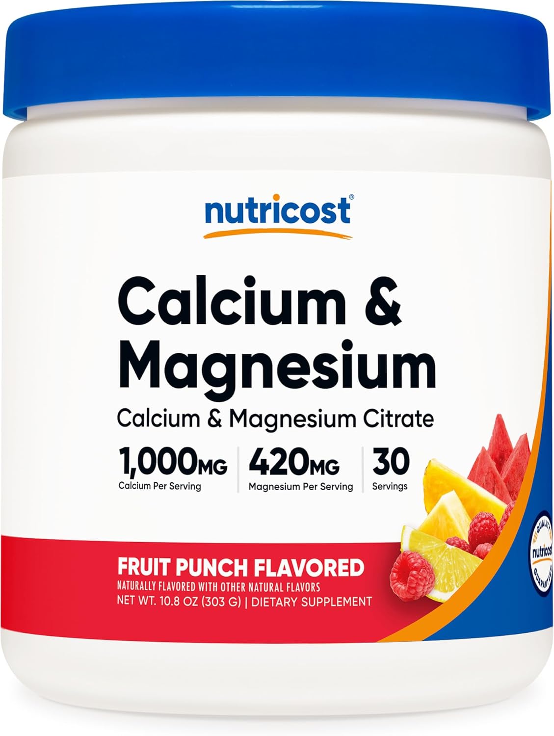 Nutricost Fruit Punch Calcium Magnesium Powder - Bone Support, Non-GMO, Gluten Free (30 Servings)