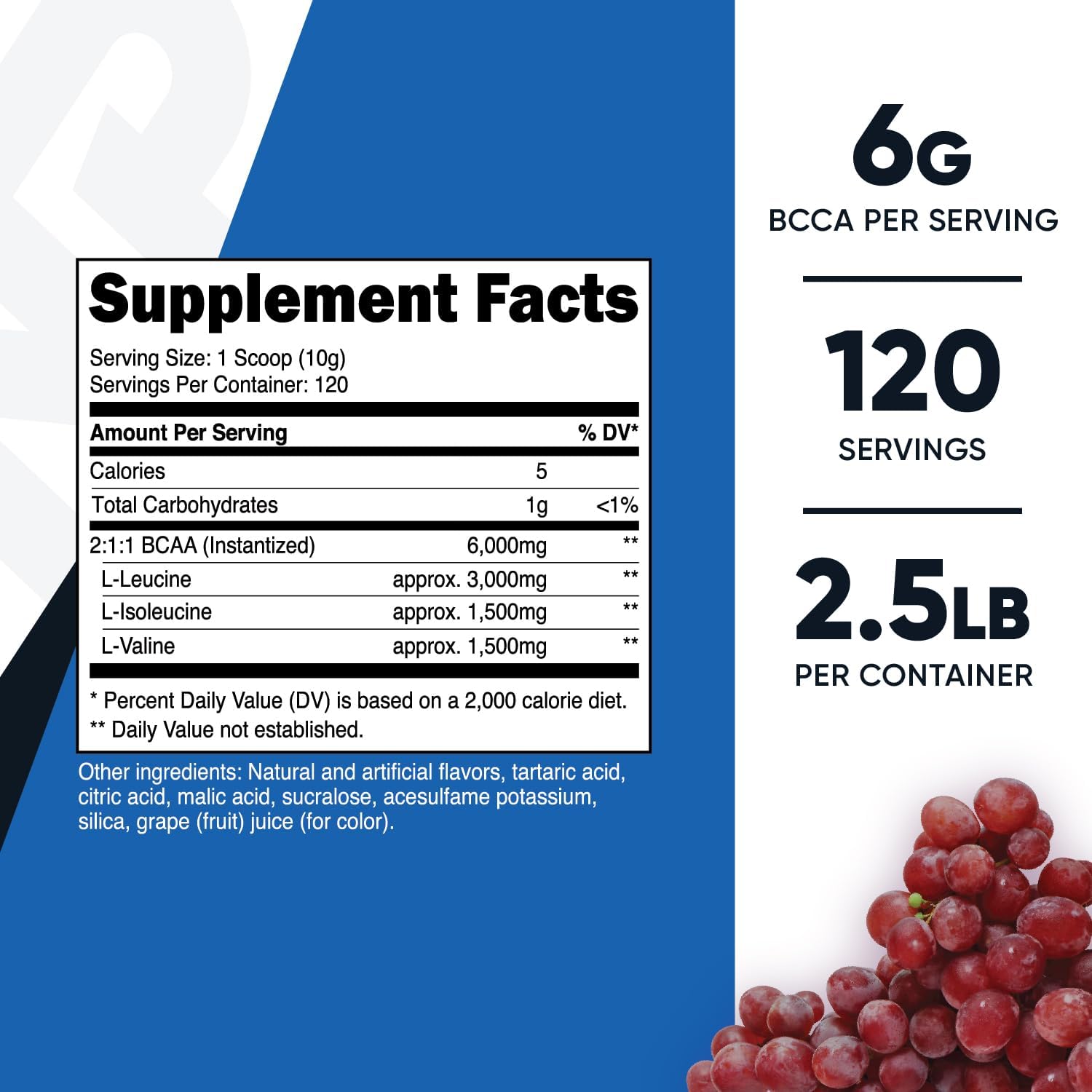 Nutricost Grape BCAA Powder - 120 Servings, Gluten-Free, Non-GMO, Vegetarian, 2:1:1 Ratio