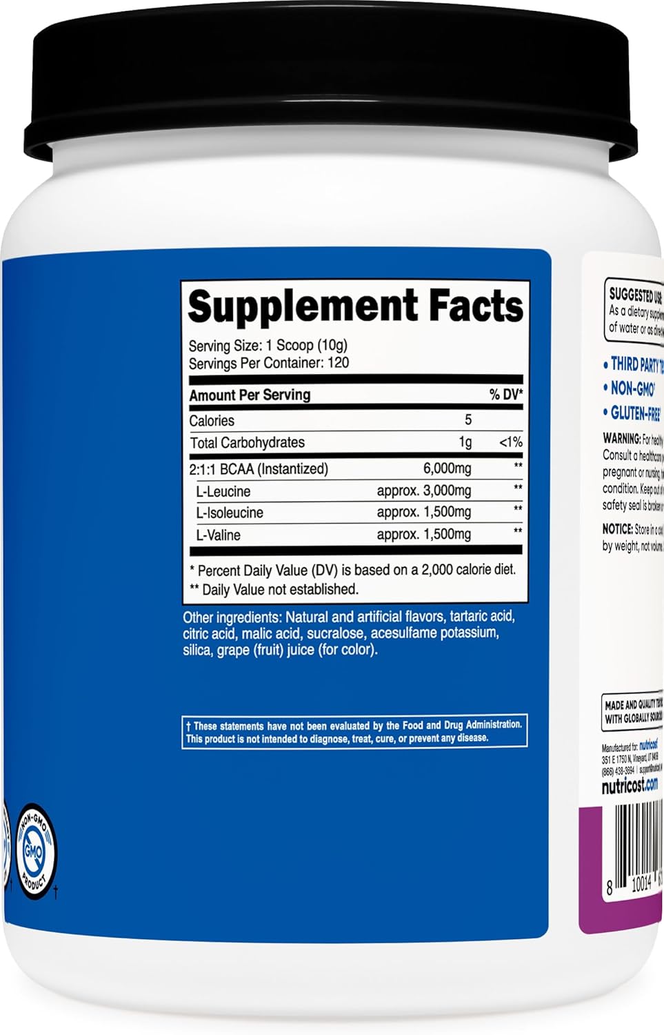Nutricost Grape BCAA Powder - 120 Servings, Gluten-Free, Non-GMO, Vegetarian, 2:1:1 Ratio