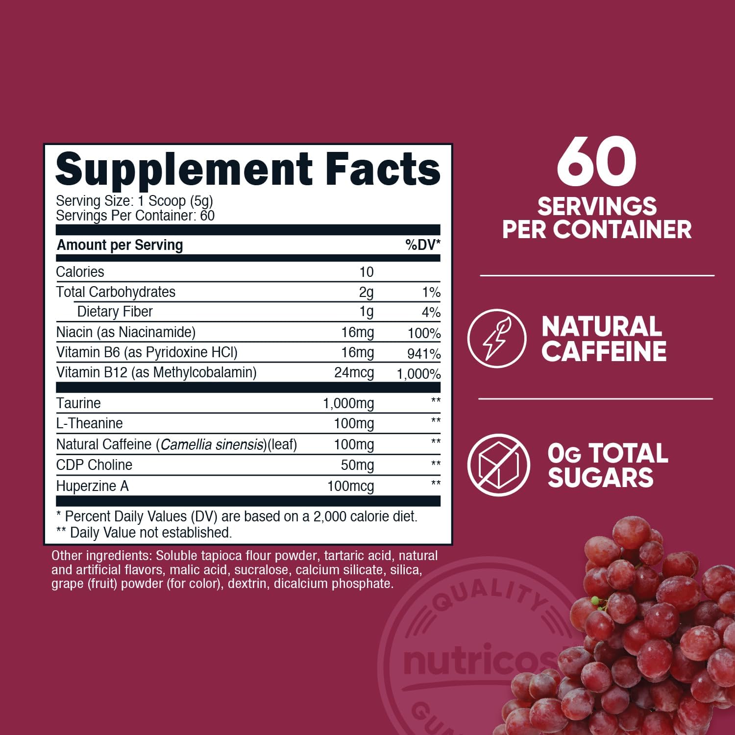 Nutricost Grape Energy Drink Powder - 60 Servings, Pre Workout Supplement with Natural Flavors - Non-GMO, Gluten-Free