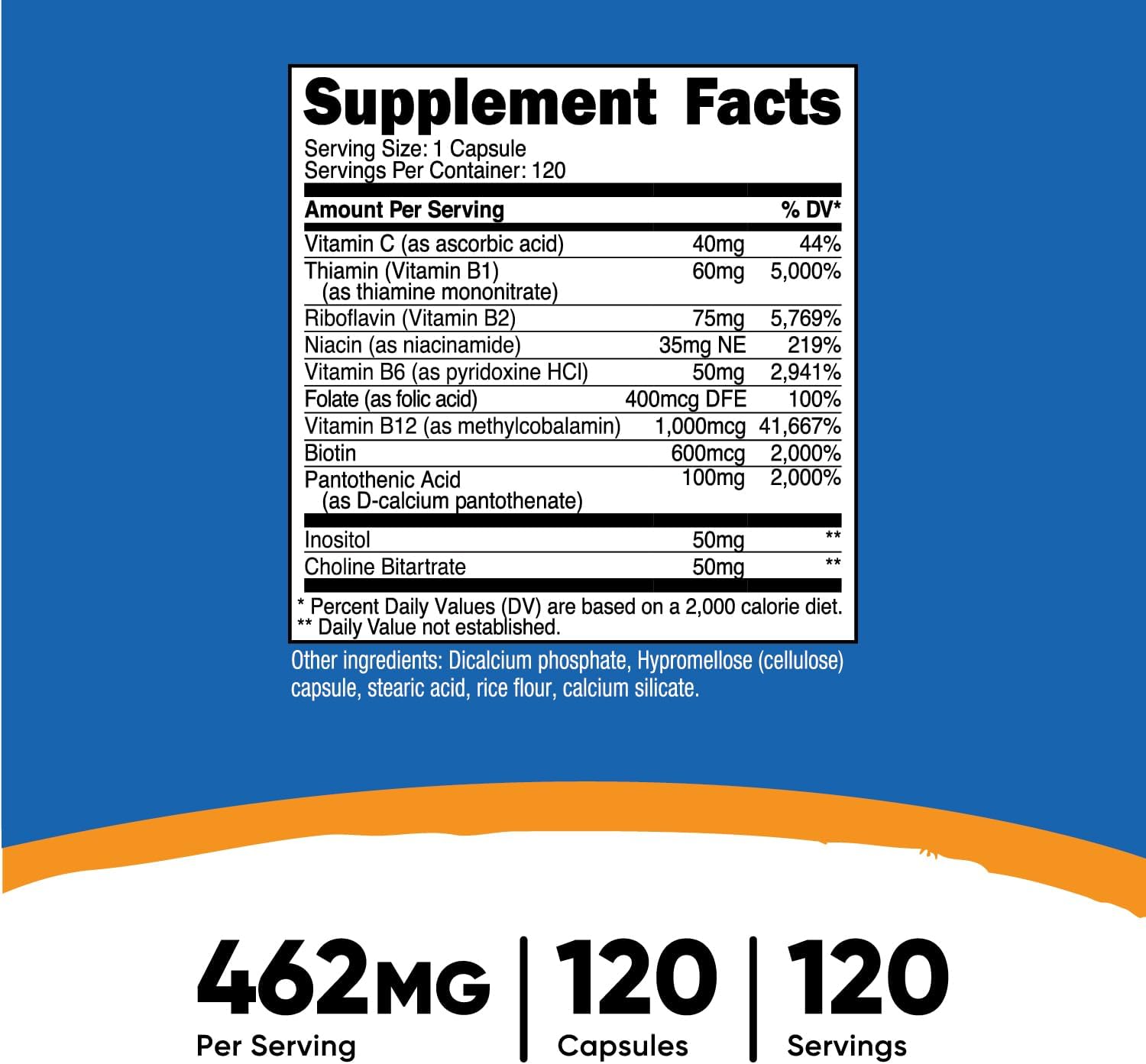Nutricost High Potency Vitamin B Complex Capsules with Vitamin C for Energy Support - 120 Capsules