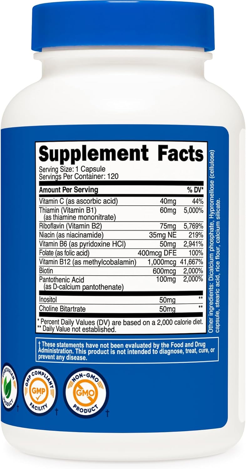 Nutricost High Potency Vitamin B Complex Capsules with Vitamin C for Energy Support - 120 Capsules