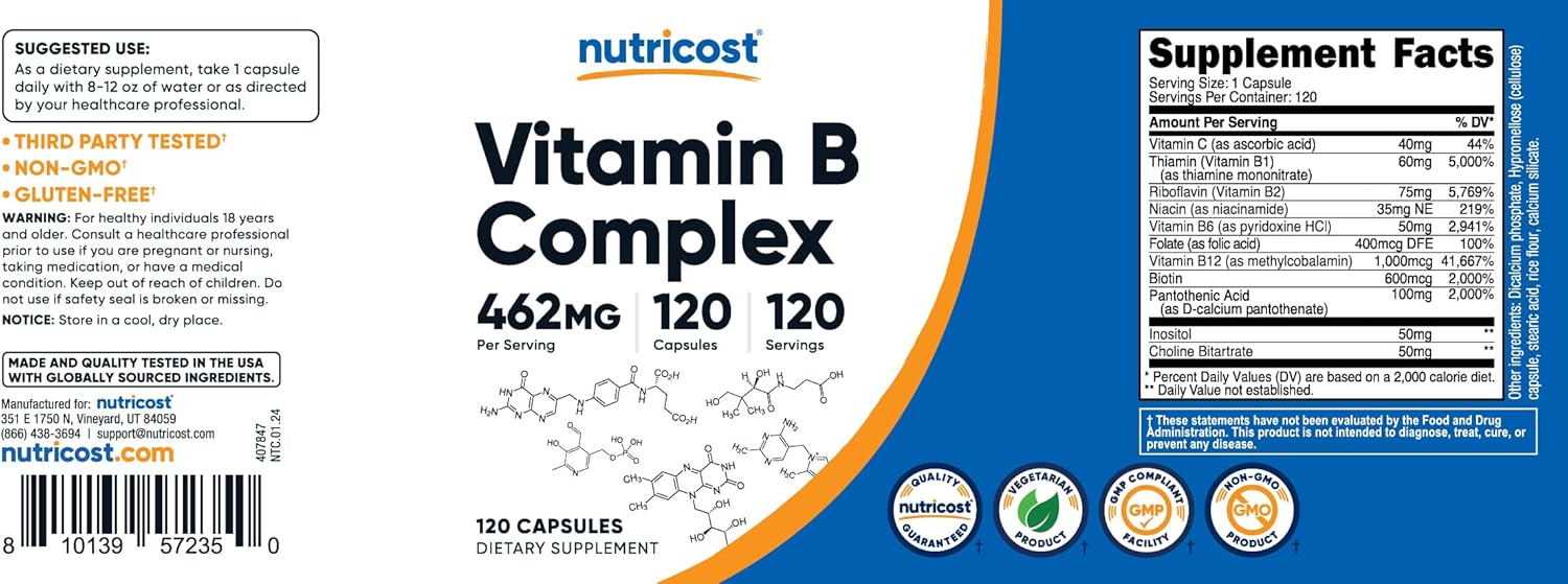 Nutricost High Potency Vitamin B Complex Capsules with Vitamin C for Energy Support - 120 Capsules