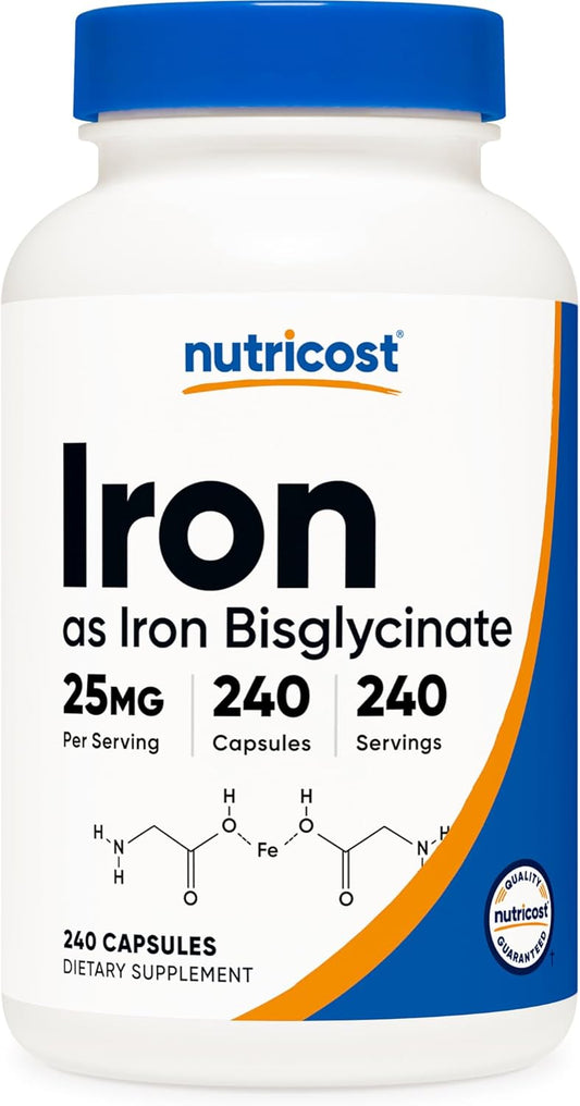 Nutricost Iron Bisglycinate 25mg Capsules - 240 Count, Ferrous Bisglycinate Chelate, Non-GMO & Gluten-Free