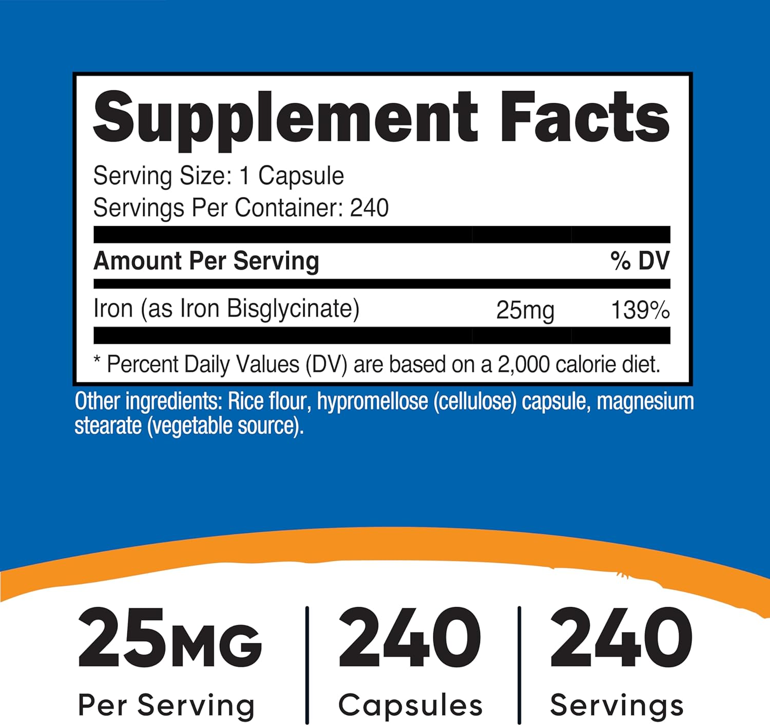 Nutricost Iron Bisglycinate 25mg Capsules - 240 Count, Ferrous Bisglycinate Chelate, Non-GMO & Gluten-Free