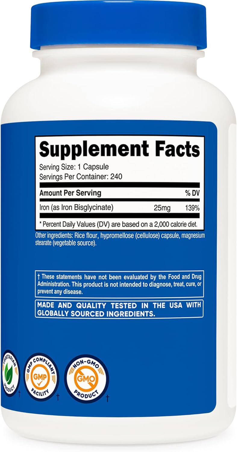 Nutricost Iron Bisglycinate 25mg Capsules - 240 Count, Ferrous Bisglycinate Chelate, Non-GMO & Gluten-Free