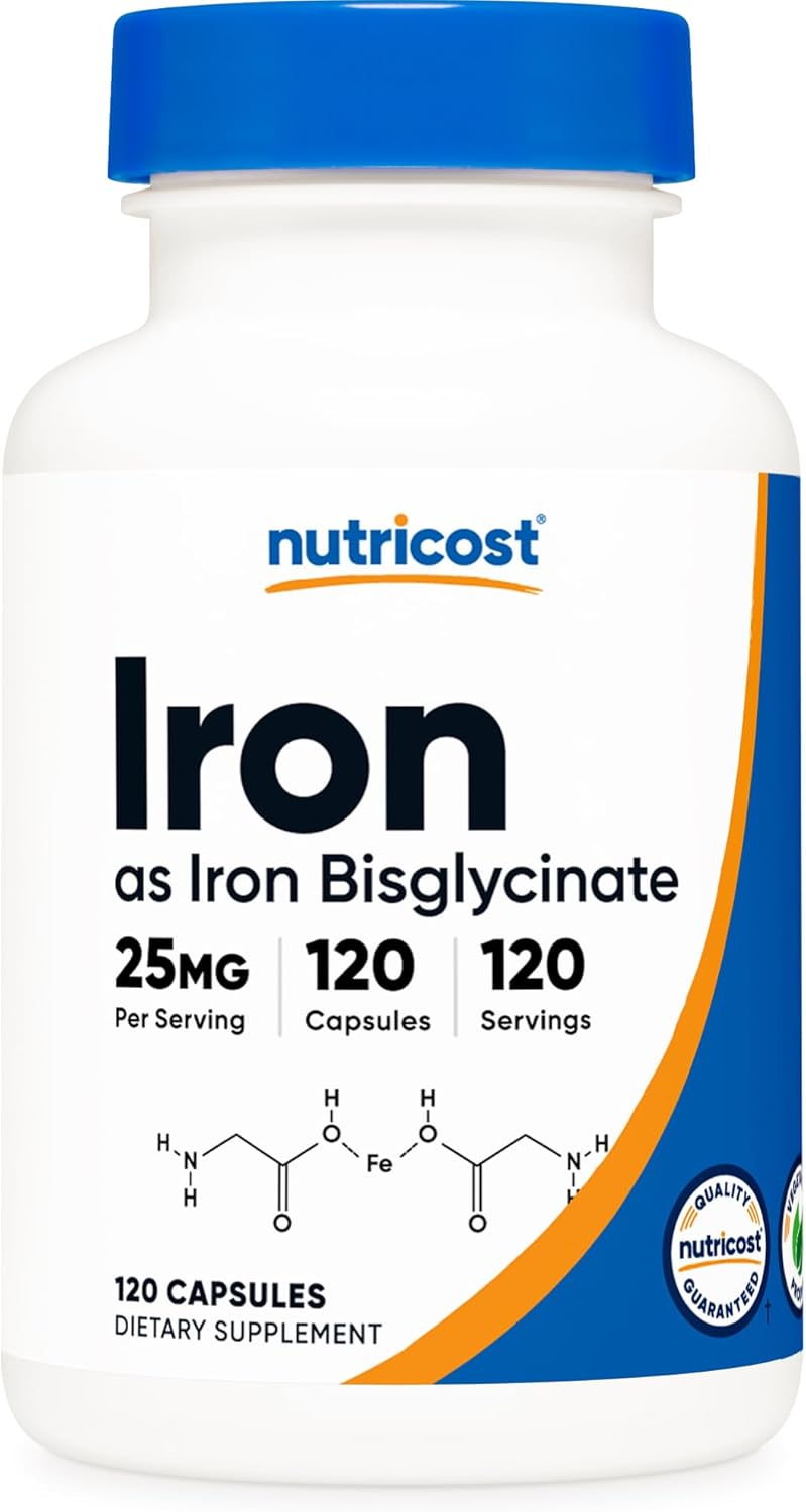 Nutricost Iron Bisglycinate Capsules - 25mg, 120 Count - Ferrous Bisglycinate Chelate, Non-GMO & Gluten-Free