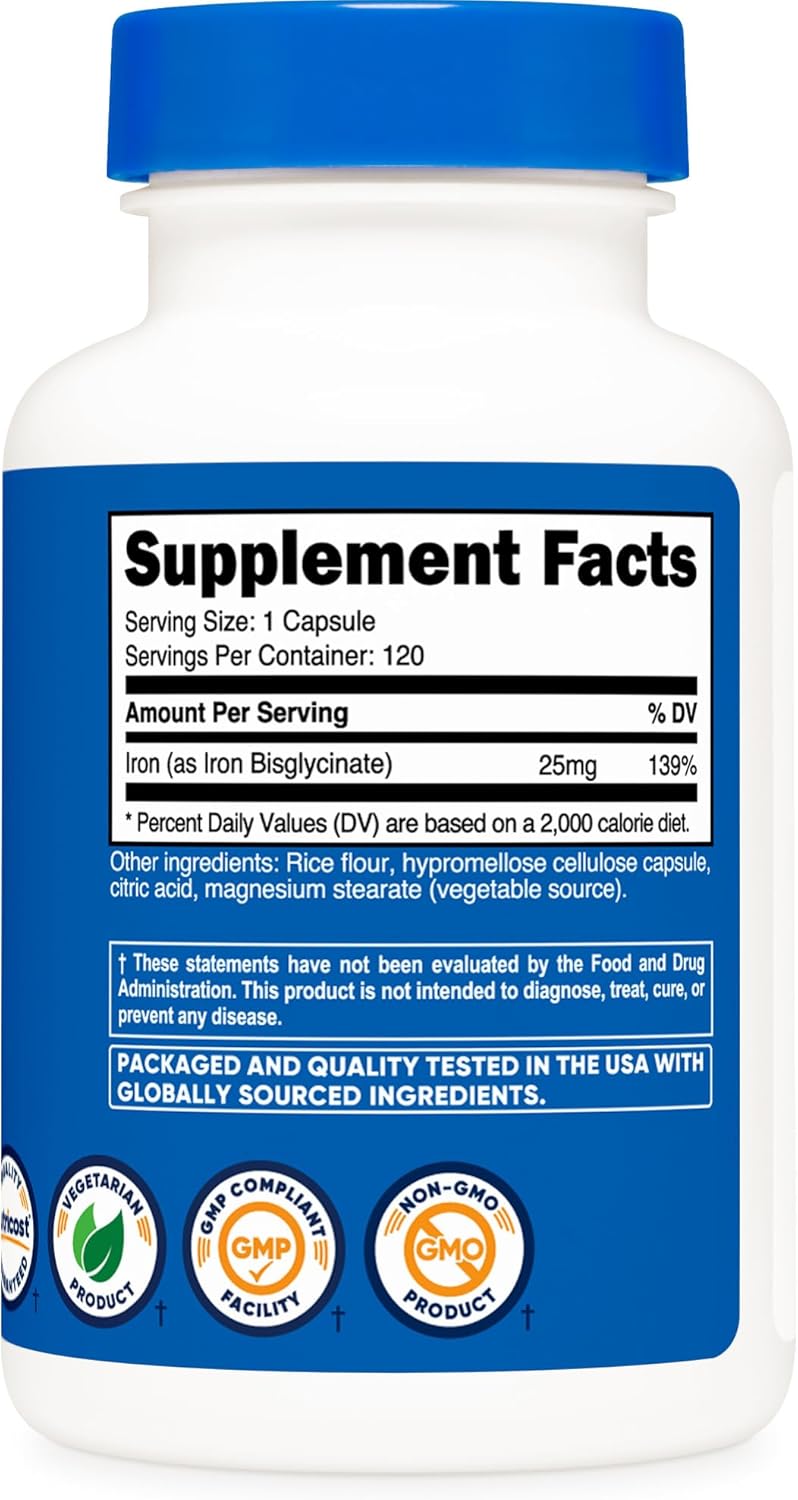 Nutricost Iron Bisglycinate Capsules - 25mg, 120 Count - Ferrous Bisglycinate Chelate, Non-GMO & Gluten-Free