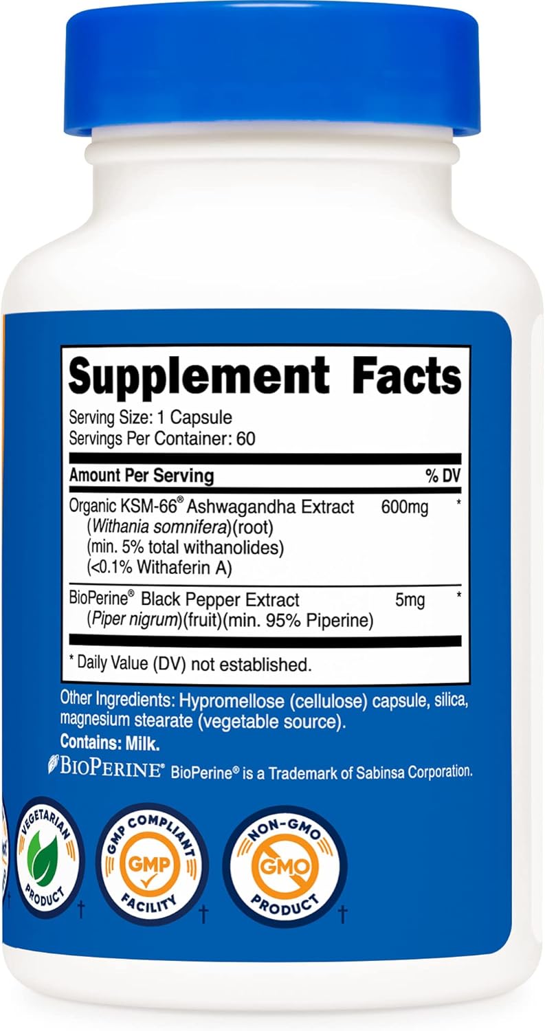 Nutricost KSM-66 Ashwagandha Root Extract 600mg Capsules with BioPerine - High Withanolides - Full-Spectrum Root Extract