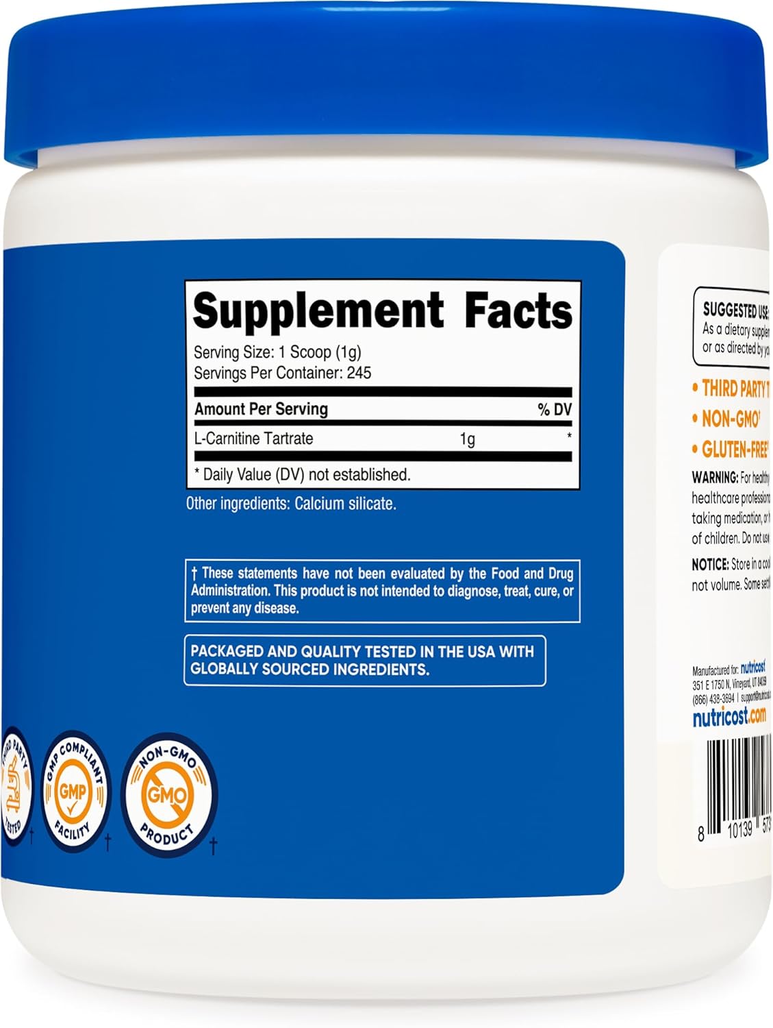 Nutricost L-Carnitine Tartrate Powder - 250g, 1g per Serving, 245 Servings