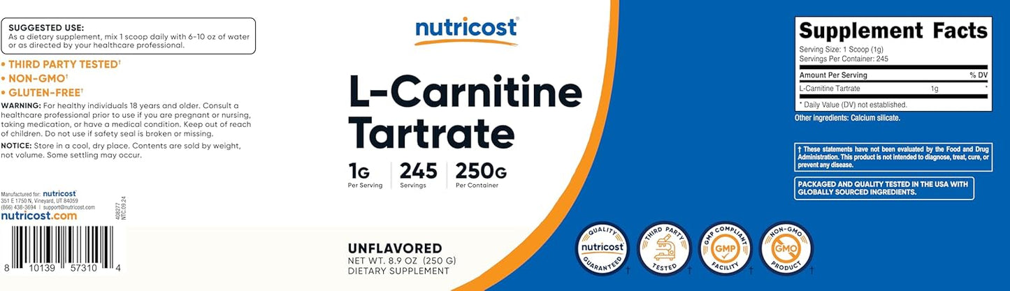 Nutricost L-Carnitine Tartrate Powder - 250g, 1g per Serving, 245 Servings
