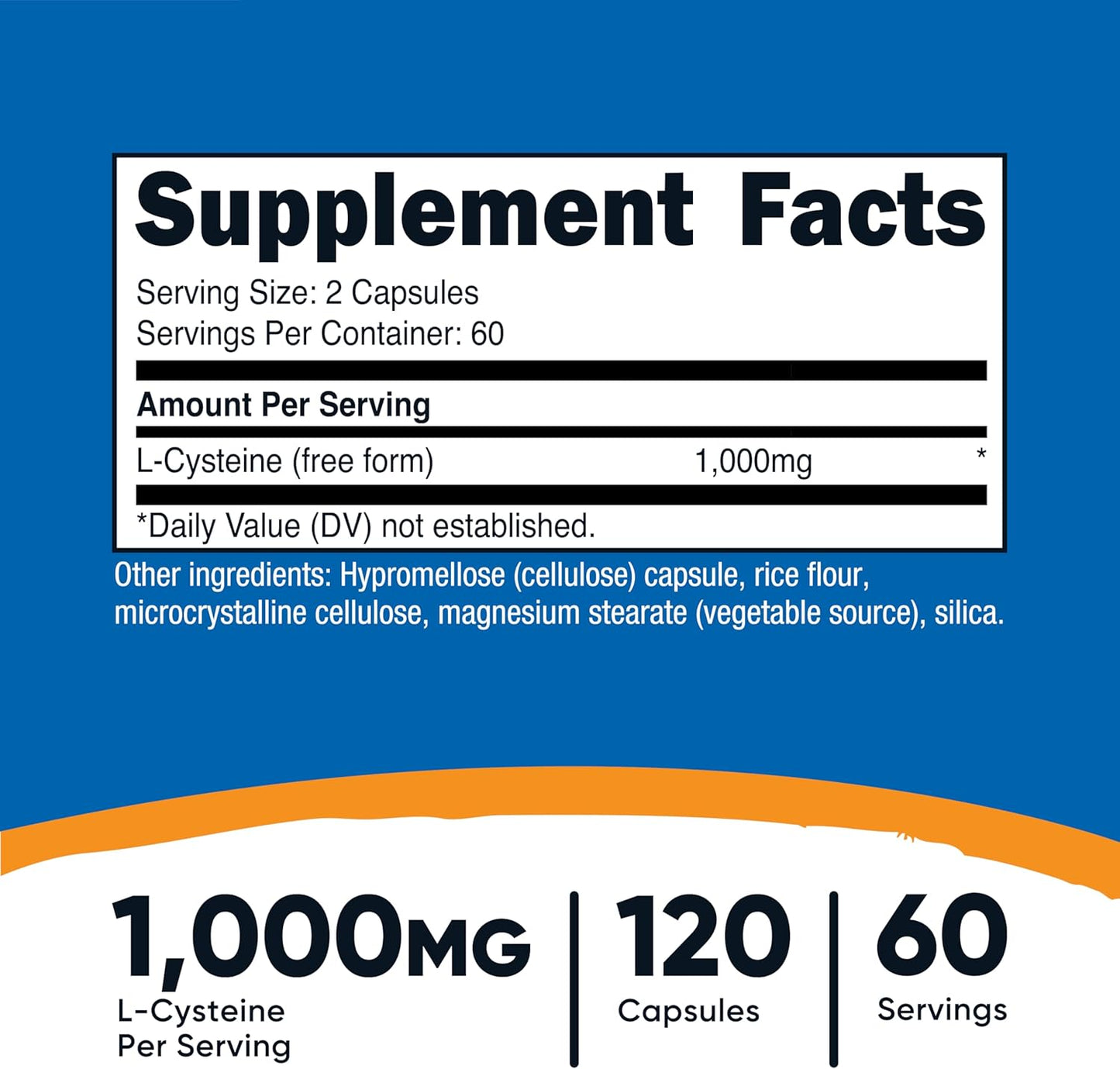 Nutricost L-Cysteine 1000mg Capsules - Non-GMO, Gluten Free, 120 Count, 500mg Per Capsule