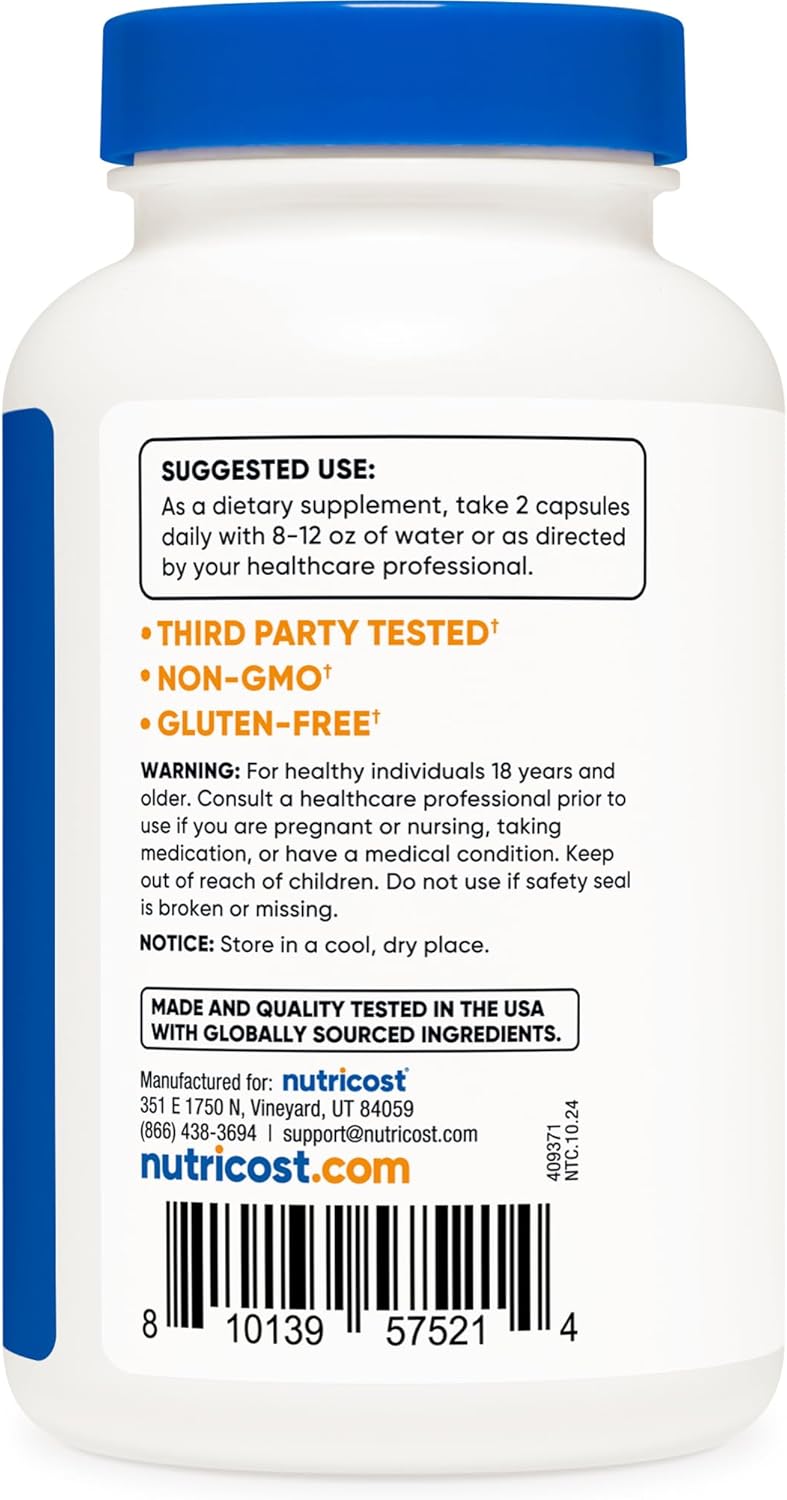 Nutricost L-Cysteine 1000mg Capsules - Non-GMO, Gluten Free, 120 Count, 500mg Per Capsule