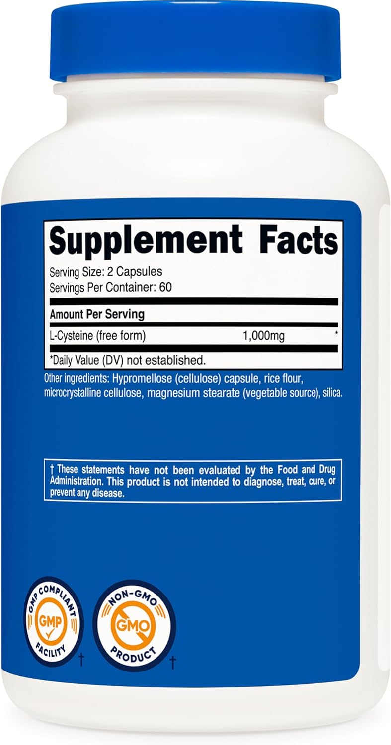 Nutricost L-Cysteine 1000mg Capsules - Non-GMO, Gluten Free, 120 Count, 500mg Per Capsule