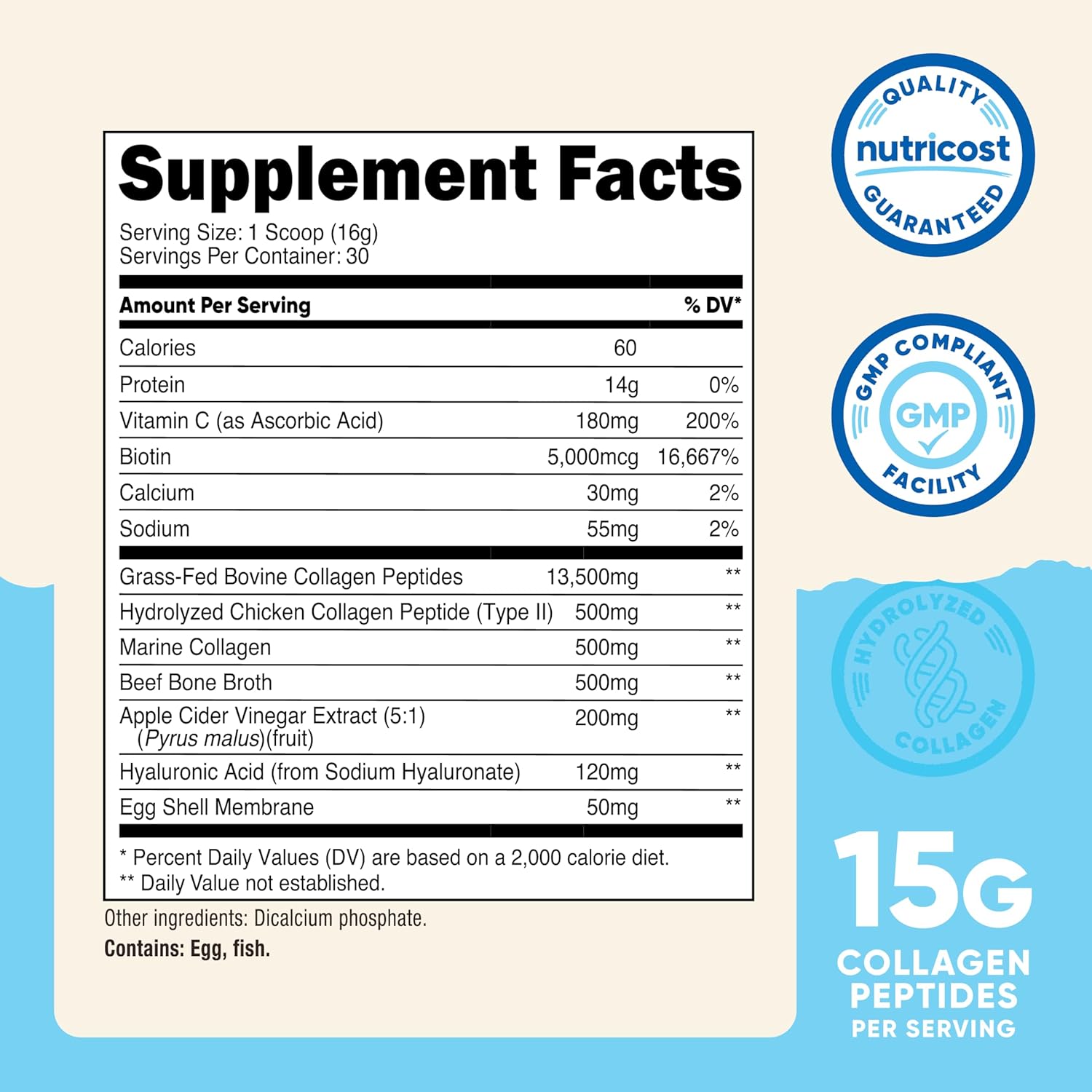 Nutricost Multi Collagen Protein Complex with Biotin and Hyaluronic Acid - 30 Servings