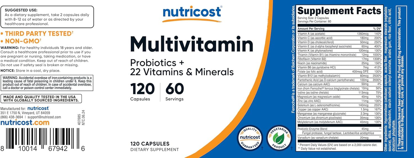 Nutricost Multivitamin with Probiotics - 120 Vegetarian Capsules Loaded with Essential Vitamins & Minerals