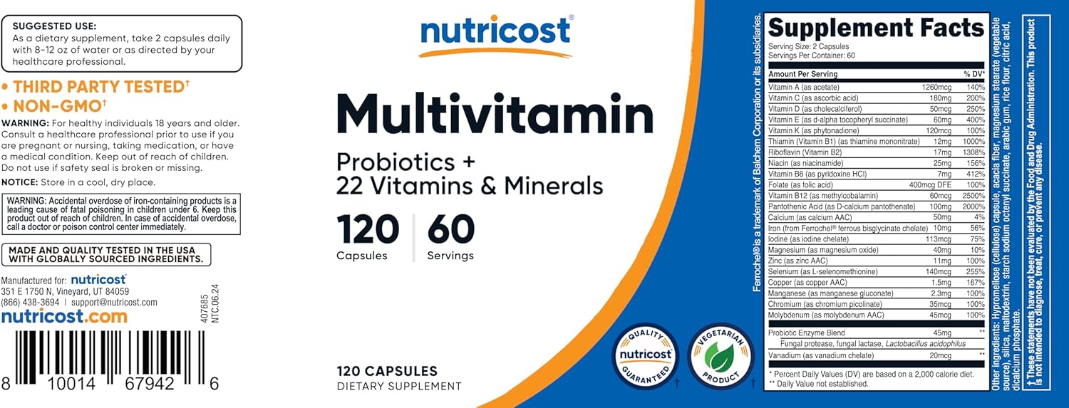 Nutricost Multivitamin with Probiotics - 120 Vegetarian Capsules Loaded with Essential Vitamins & Minerals