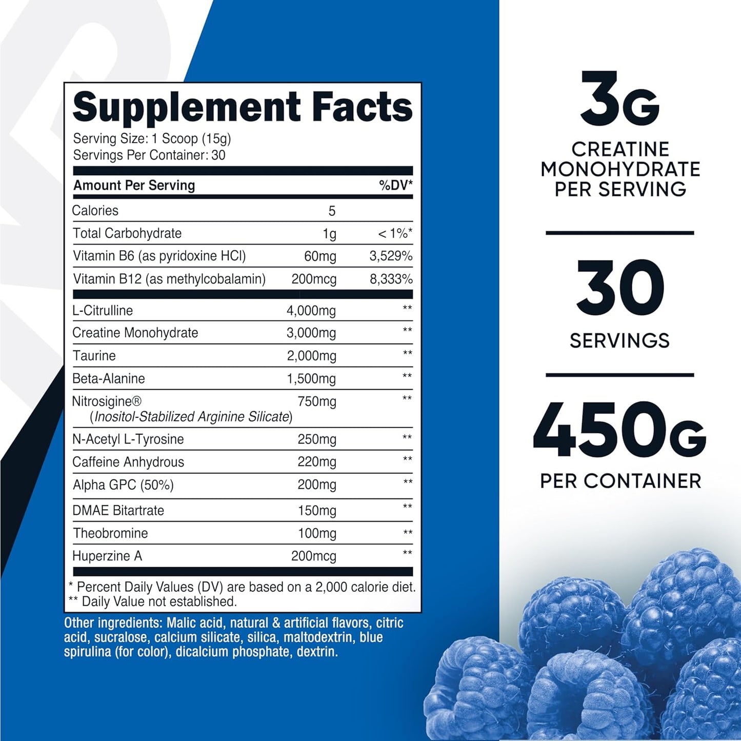 Nutricost Pre-Workout Complex with Creatine (Blue Raspberry Flavor | 30 Servings) - Enhance Fitness Performance, 450g Powder