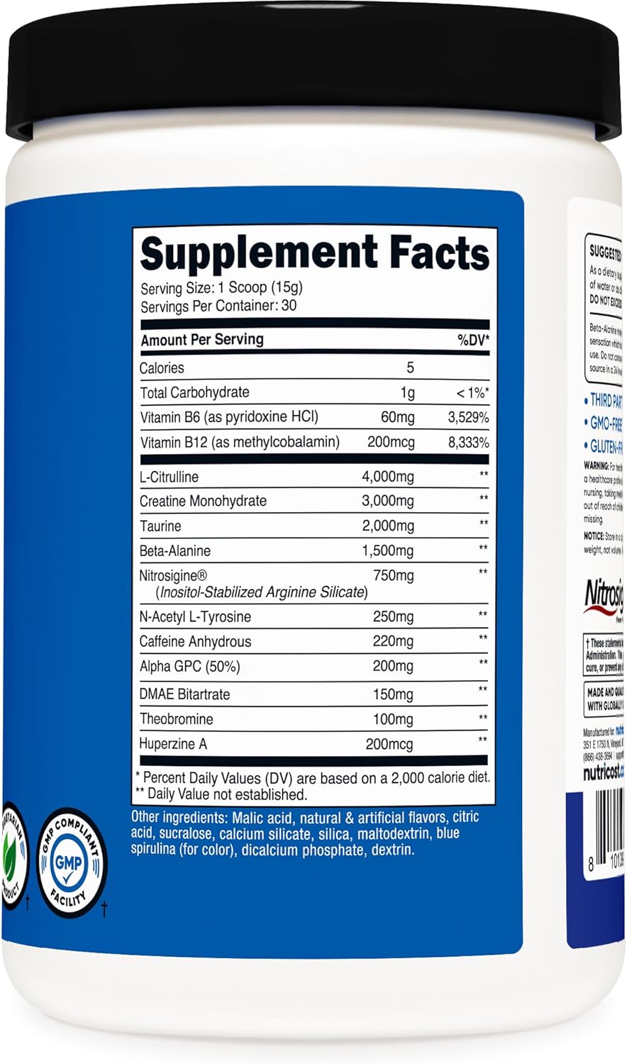 Nutricost Pre-Workout Complex with Creatine (Blue Raspberry Flavor | 30 Servings) - Enhance Fitness Performance, 450g Powder