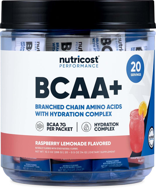 Nutricost Raspberry Lemonade BCAA + Hydration Complex Stickpacks (20) - Gluten-Free, Non-GMO Branch Chain Amino Acids