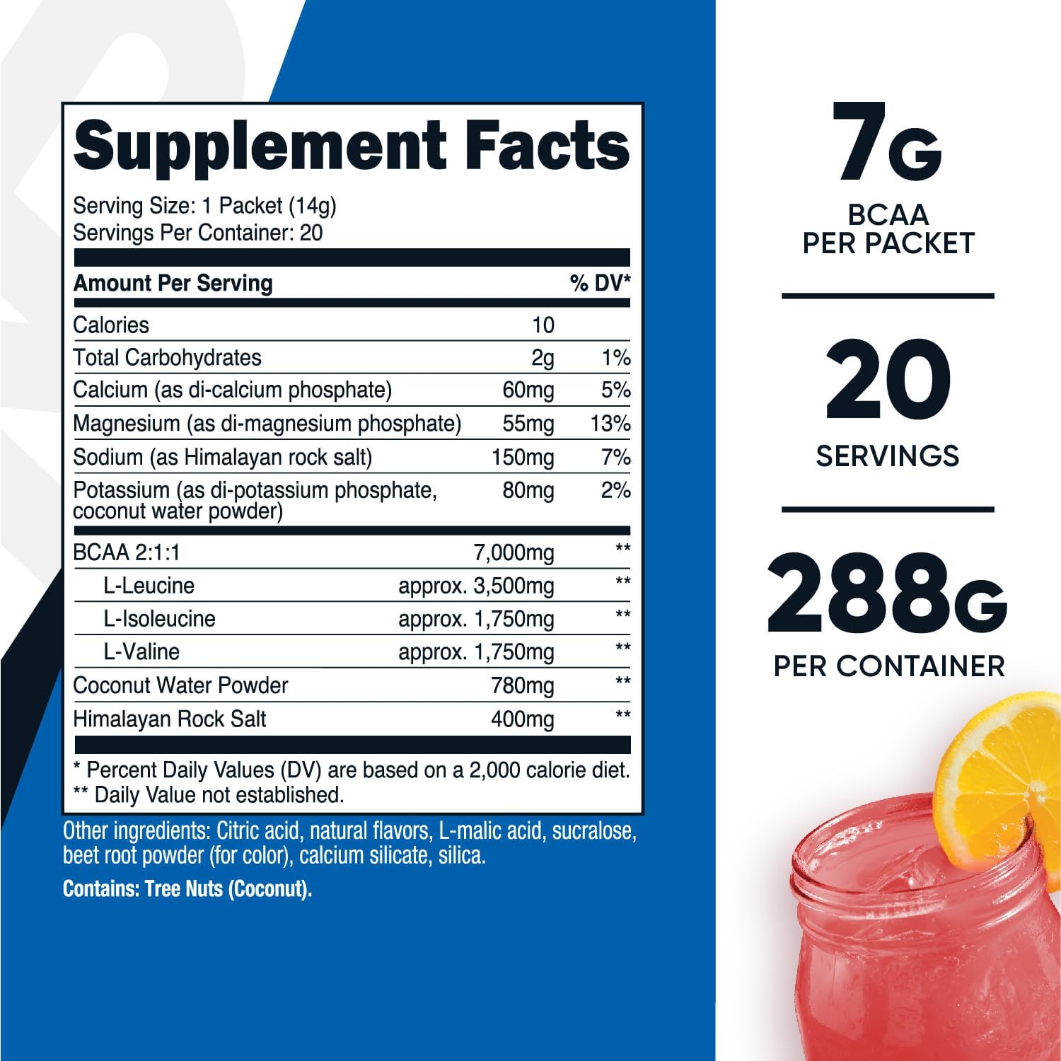 Nutricost Raspberry Lemonade BCAA + Hydration Complex Stickpacks (20) - Gluten-Free, Non-GMO Branch Chain Amino Acids