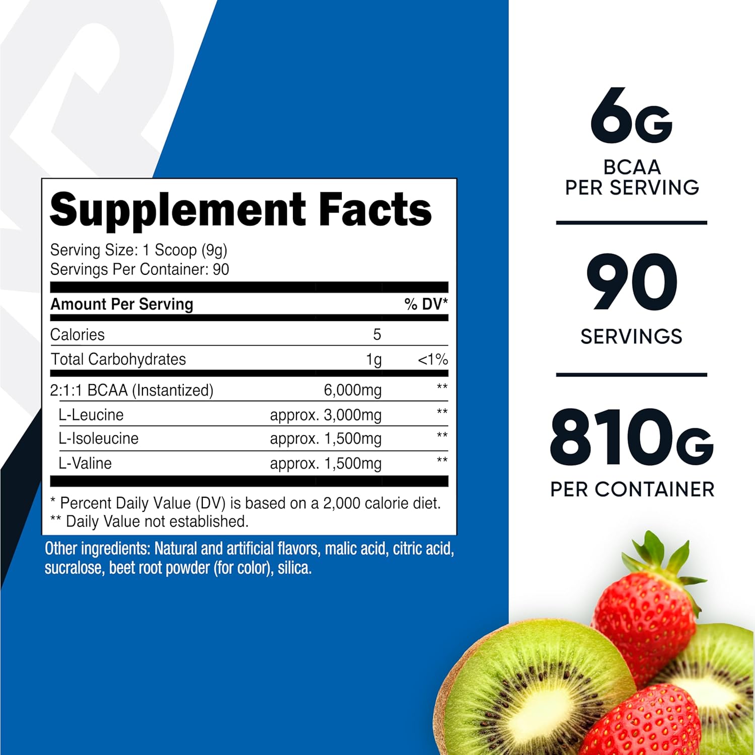 Nutricost Strawberry Kiwi BCAA Powder - 90 Servings, Optimal 2:1:1 Ratio for Muscle Recovery and Growth