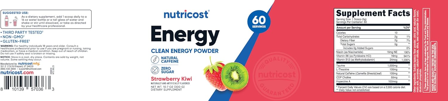 Nutricost Strawberry Kiwi Energy Complex Powder - 60 Servings, 300g Clean Energy Dietary Supplement