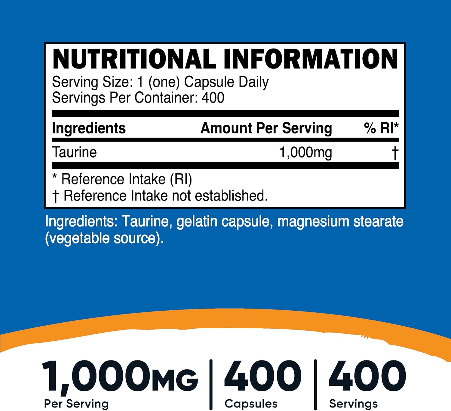 Nutricost Taurine Supplement 1000mg, 400 Count Capsules