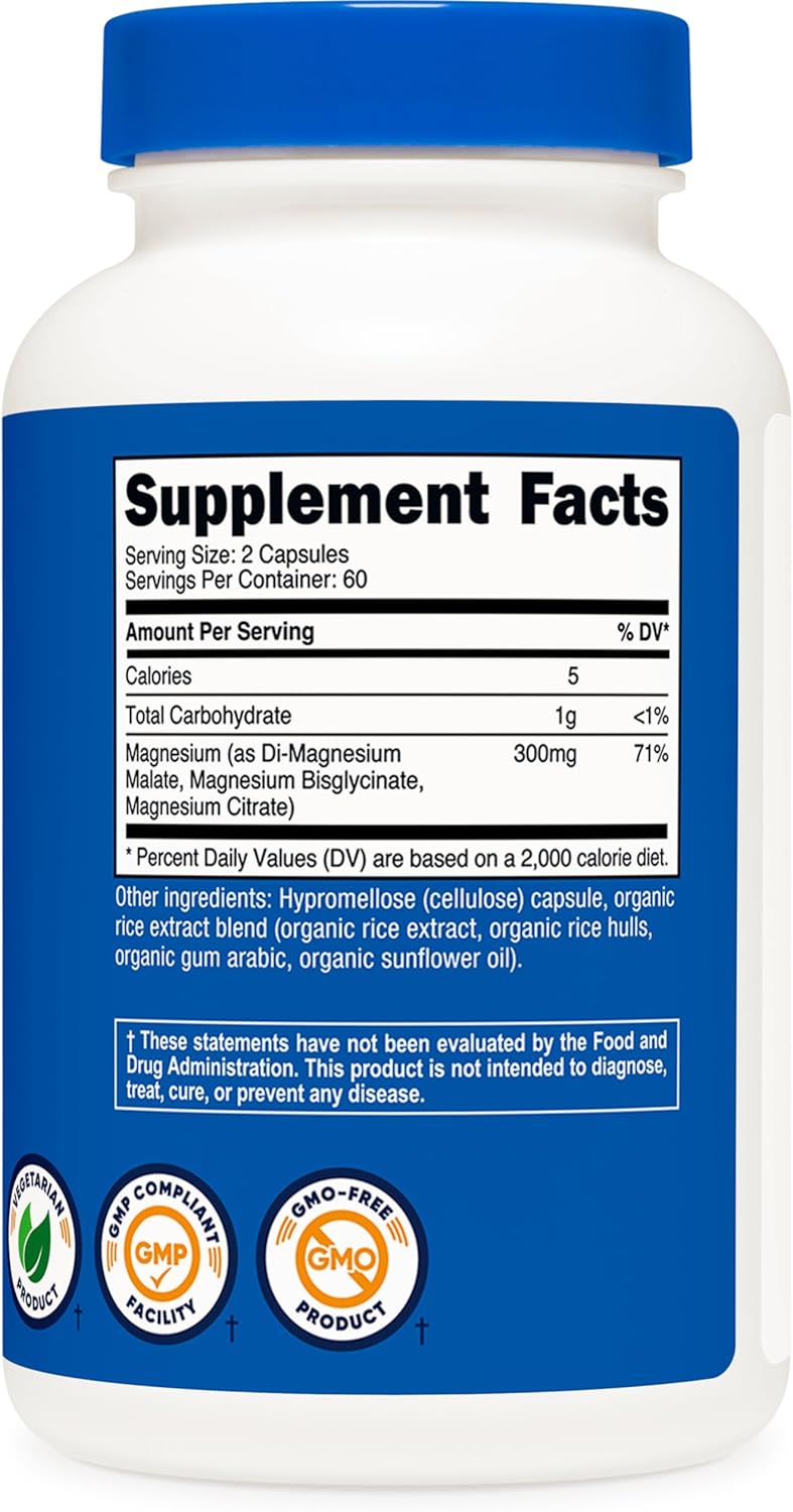 Nutricost Triple Magnesium Complex Capsules - 300mg, 120 Count - Di-Magnesium Malate, Bisglycinate, Citrate - 60 Servings