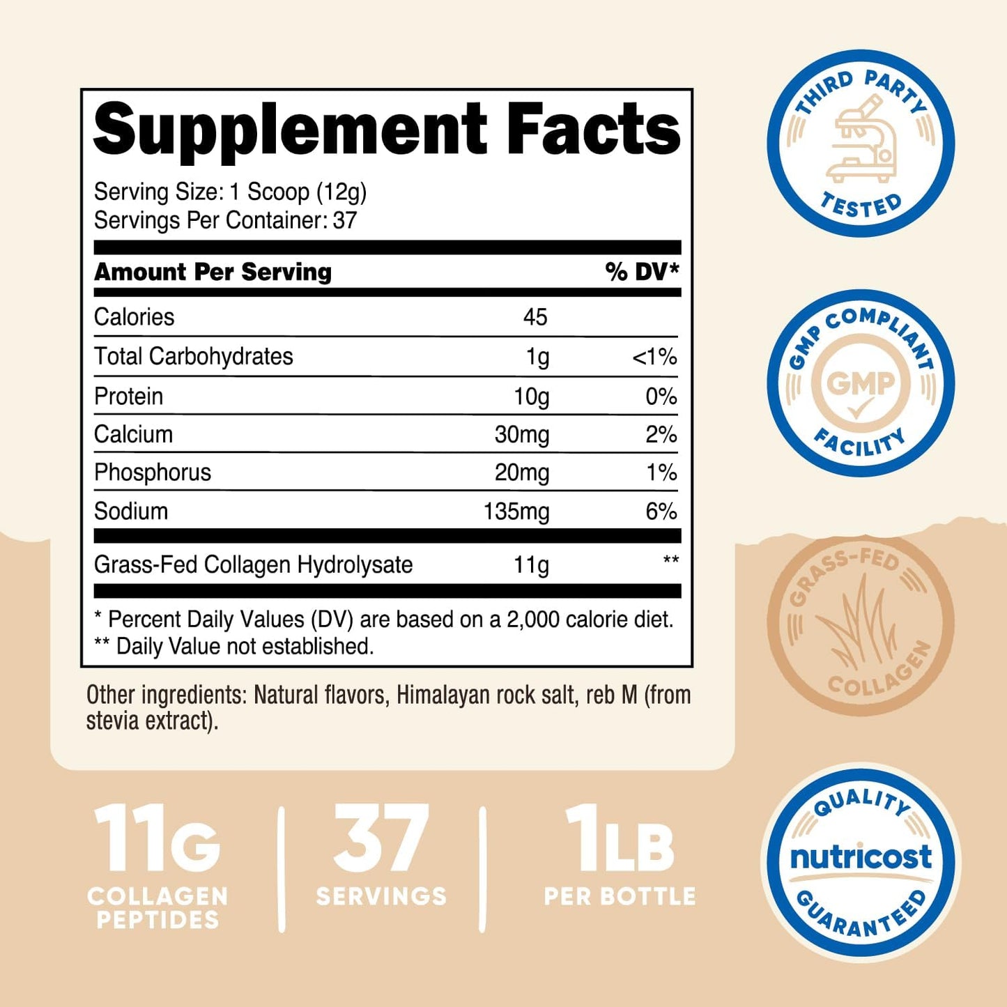 Nutricost Vanilla Grass-Fed Bovine Collagen Powder - 1LB (454 G) - Hydrolyzed Collagen Peptides