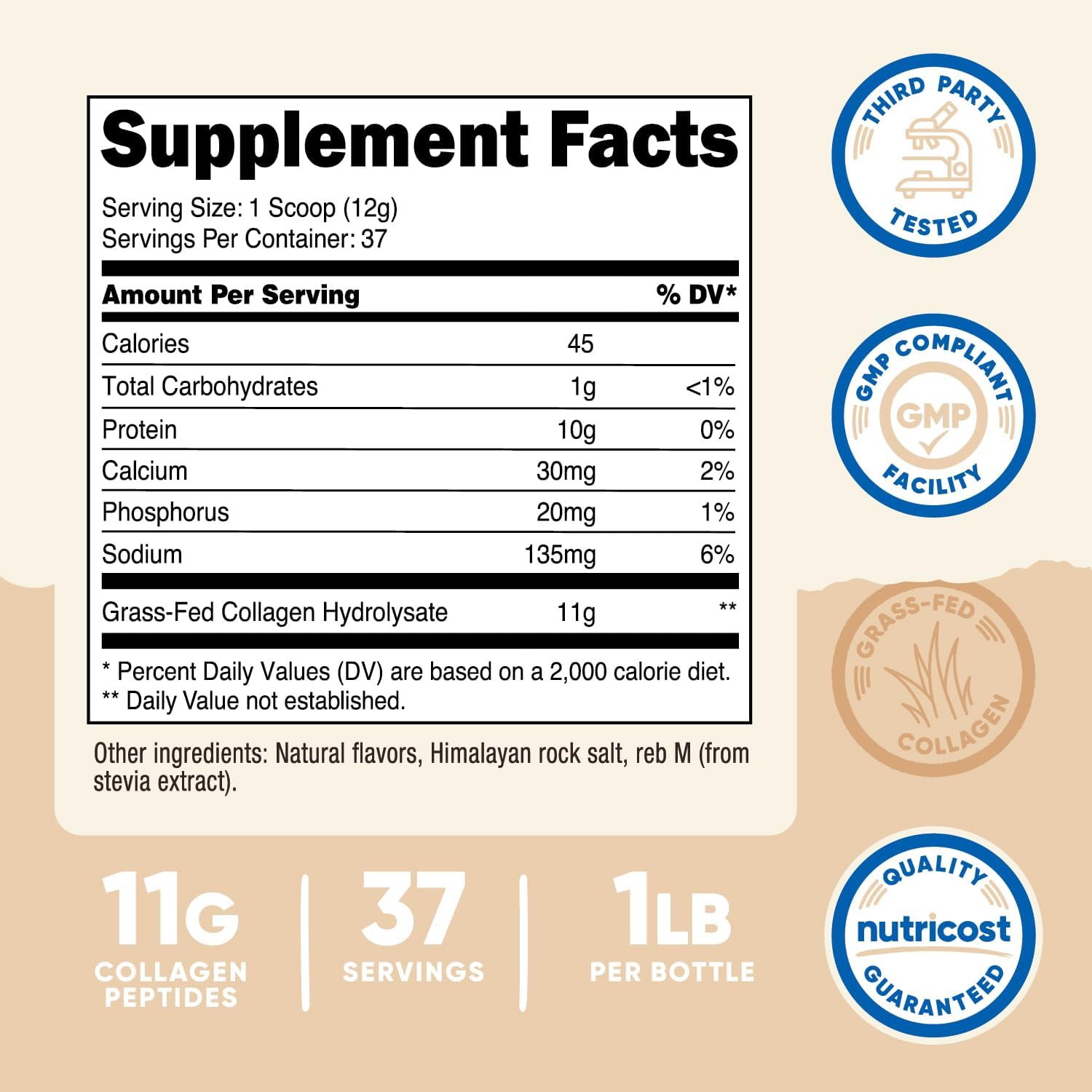 Nutricost Vanilla Grass-Fed Bovine Collagen Powder - 1LB (454 G) - Hydrolyzed Collagen Peptides