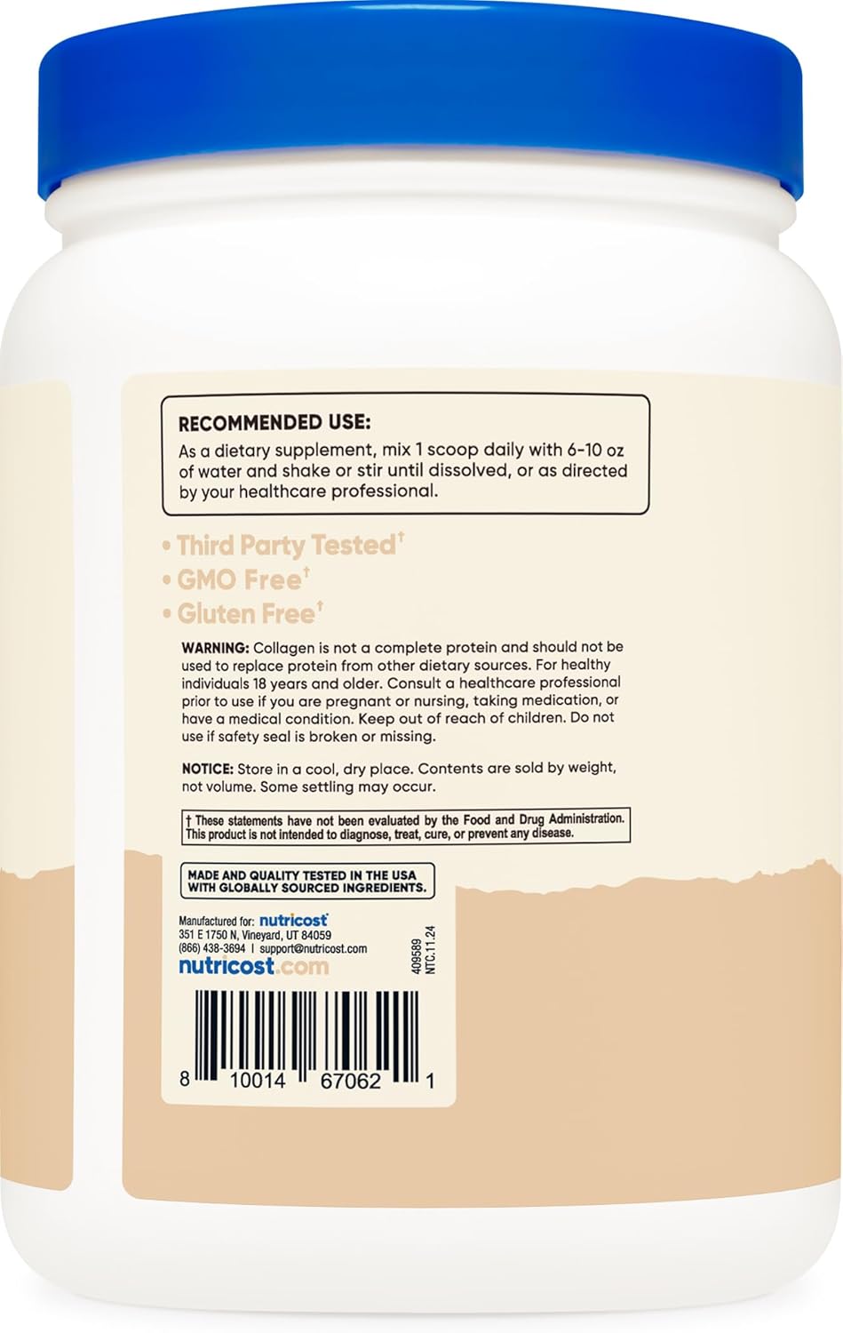 Nutricost Vanilla Grass-Fed Bovine Collagen Powder - 1LB (454 G) - Hydrolyzed Collagen Peptides