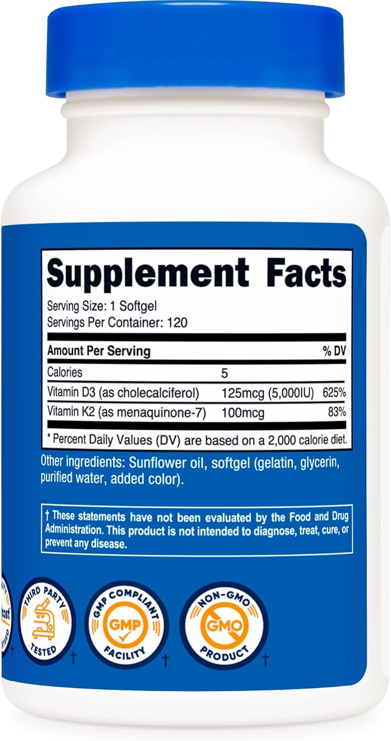 Nutricost Vitamin K2 (MK7) + Vitamin D3 Softgels - 120 Count, 100mcg/5000 IU, Gluten Free & Non-GMO