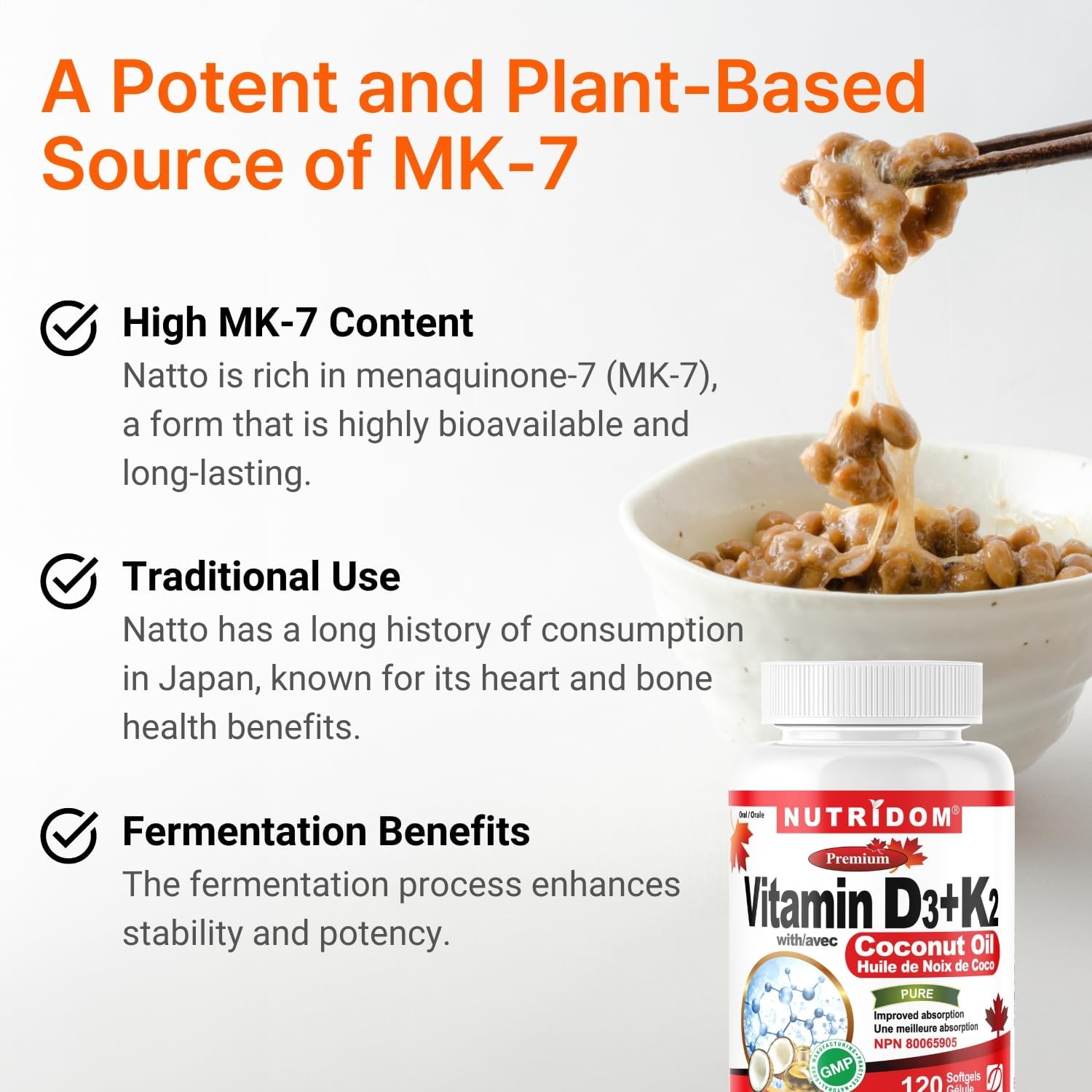 Nutridom Vitamin D3 and K2 Softgels with Coconut Oil (120 Count)