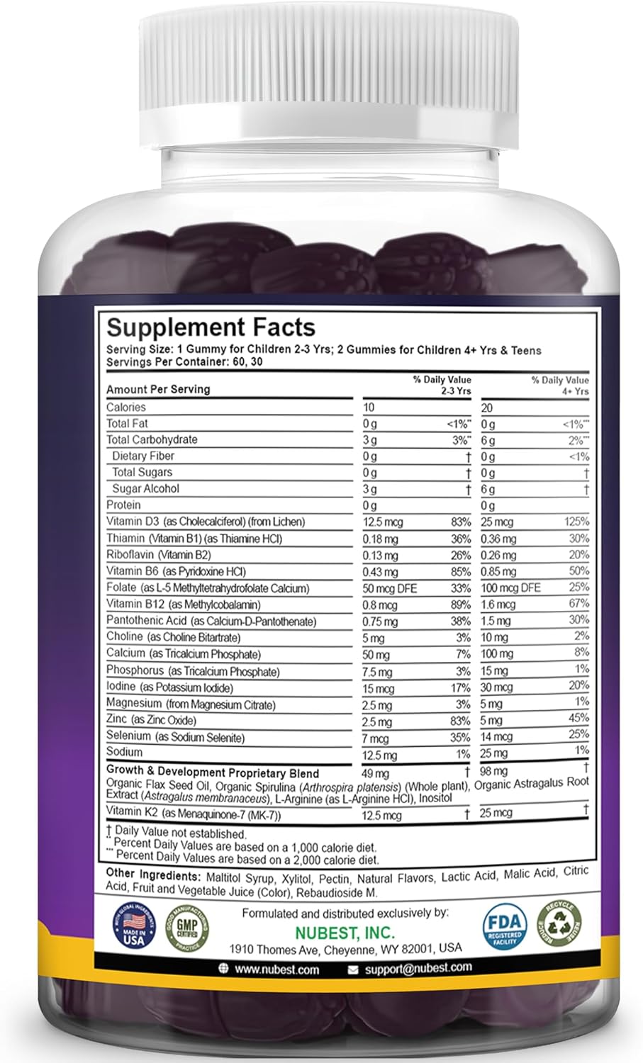 Nutrient-Rich Kids & Teens Tall Gummies | Bone Strength, Immunity Boost, Digestive Health | Calcium, Vitamin D3, K2, B Complex, Magnesium, Zinc | 20+ Berry Flavored Gummies, No Sugar