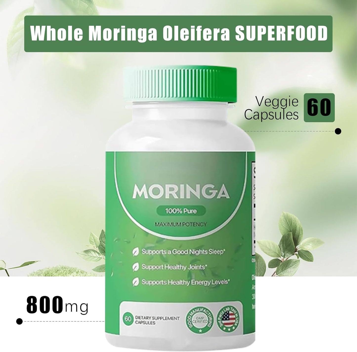 Nutrient-Rich Moringa Capsules - Promotes Energy and Gut Health - 800mg - Pack of 2
