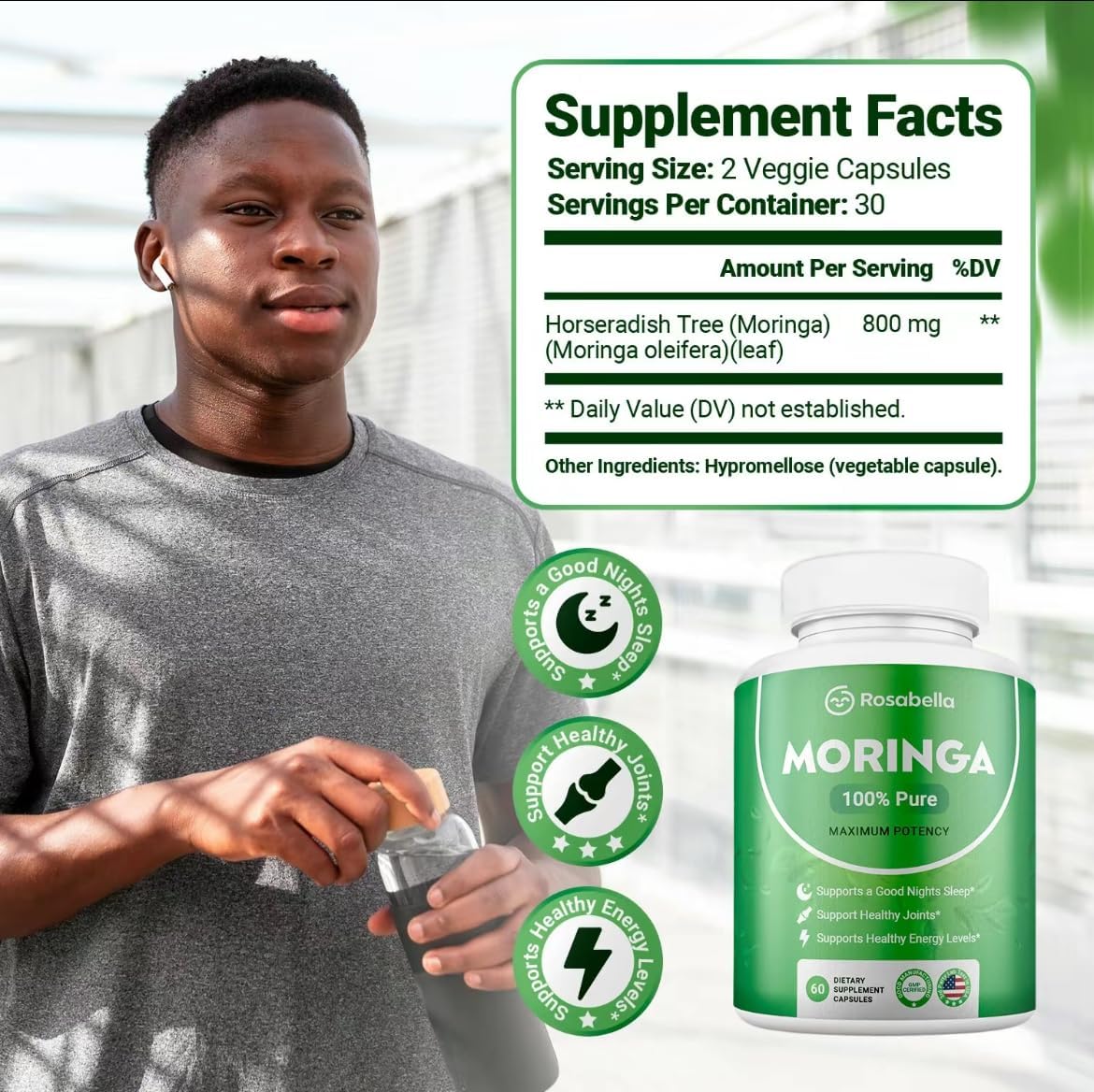 Nutrient-Rich Moringa Powder Capsules for Energy, Skin & Gut Health - Green Antioxidant Superfood with Essential Vitamins & Amino Acids