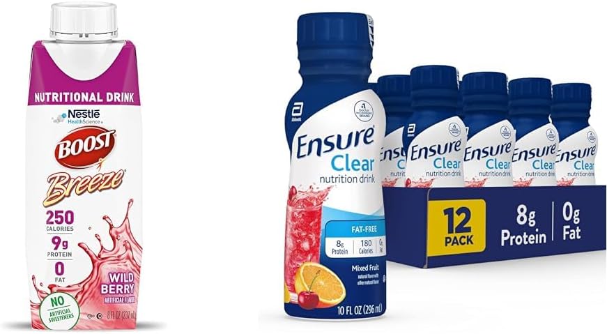 Nutrient-Rich Protein Drinks Bundle: BOOST Breeze Wild Berry & Ensure Clear Mixed Fruit, 9g Protein, 250 Calories, 0g Fat, 8 fl oz & 10 fl oz (Pack of 12)