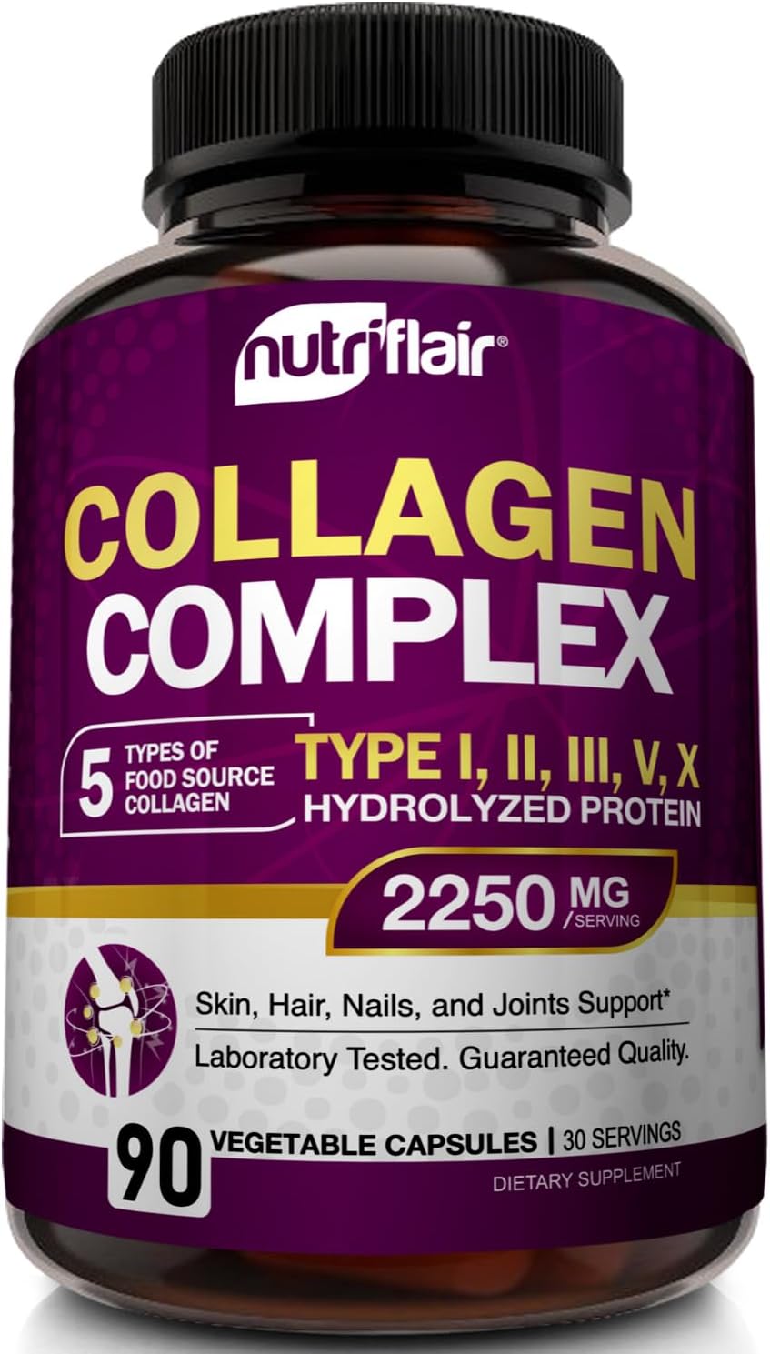 NutriFlair Multi Collagen Peptides 2250mg Capsules - Type I, II, III, V, X - Supplements for Hair, Skin, Nails - Hydrolyzed Protein - Non-GMO