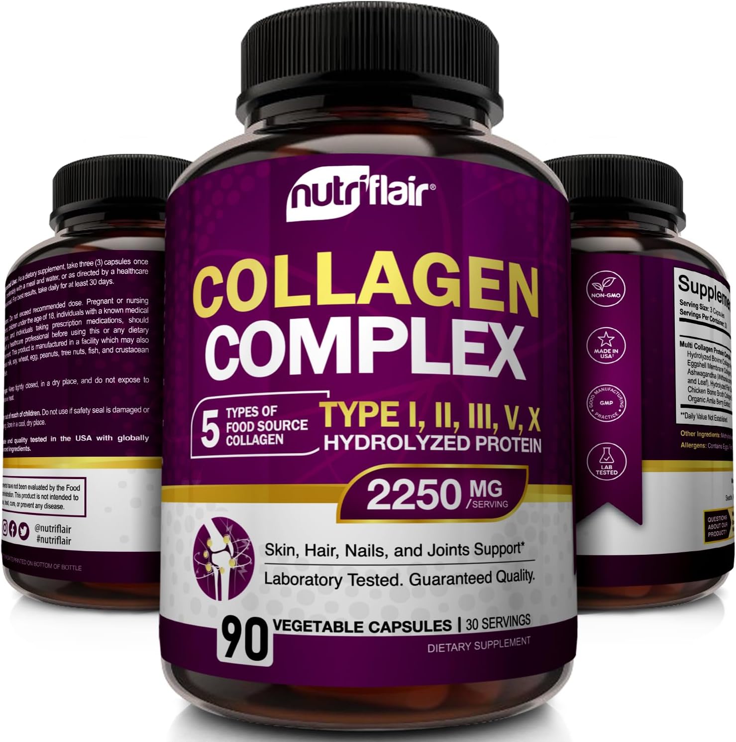 NutriFlair Multi Collagen Peptides 2250mg Capsules - Type I, II, III, V, X - Supplements for Hair, Skin, Nails - Hydrolyzed Protein - Non-GMO