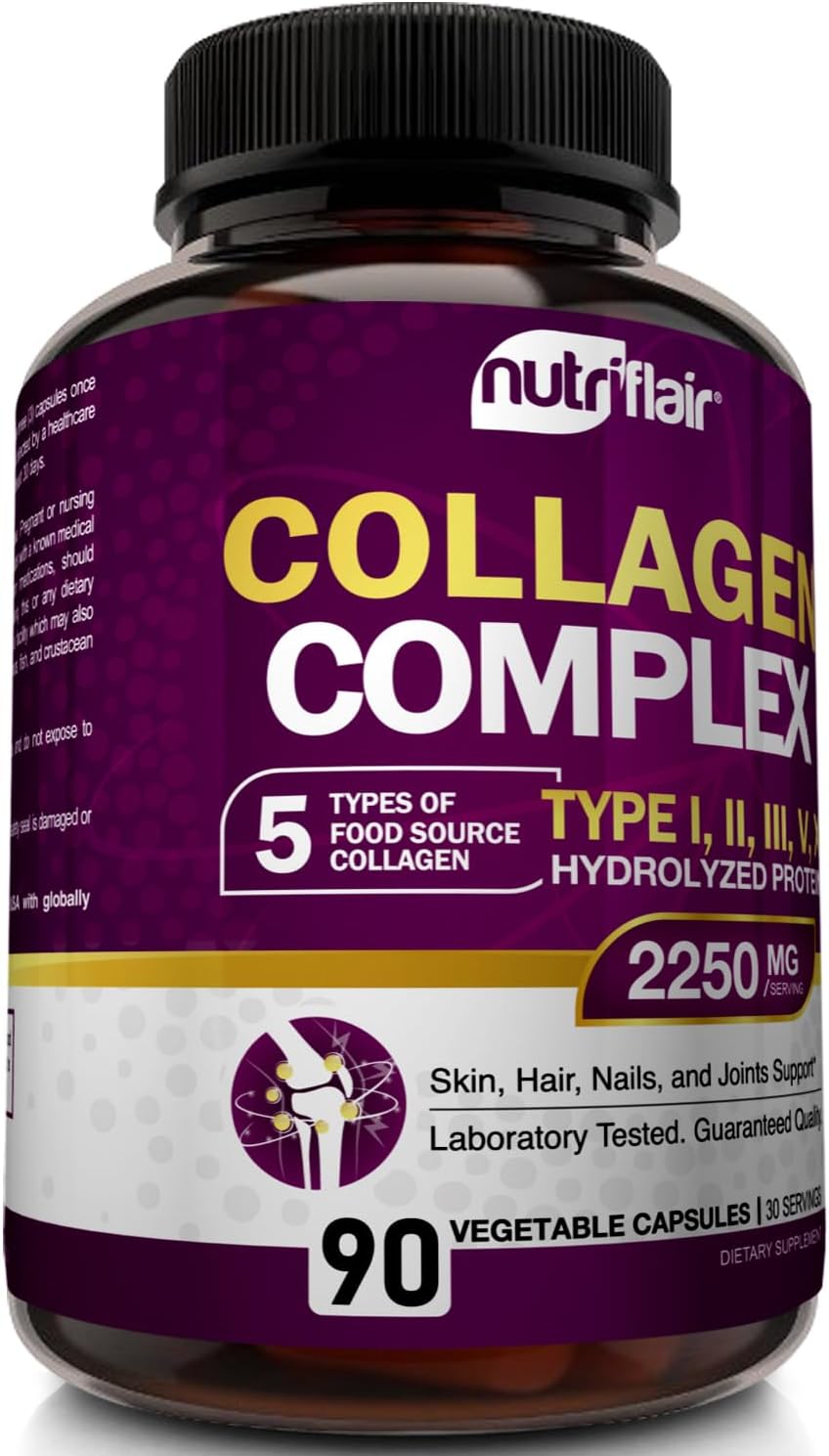 NutriFlair Multi Collagen Peptides 2250mg Capsules - Type I, II, III, V, X - Supplements for Hair, Skin, Nails - Hydrolyzed Protein - Non-GMO