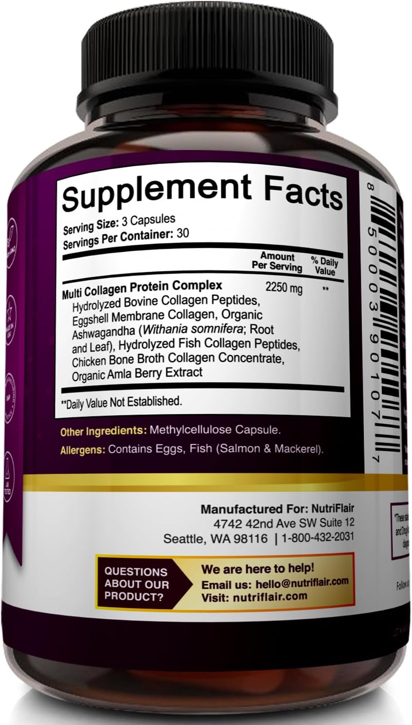 NutriFlair Multi Collagen Peptides 2250mg Capsules - Type I, II, III, V, X - Supplements for Hair, Skin, Nails - Hydrolyzed Protein - Non-GMO