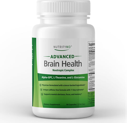 NutrifyMD Brain Health Supplement with Alpha GPC, L-Theanine, L-Glutamine - 90 Capsules for Memory and Focus